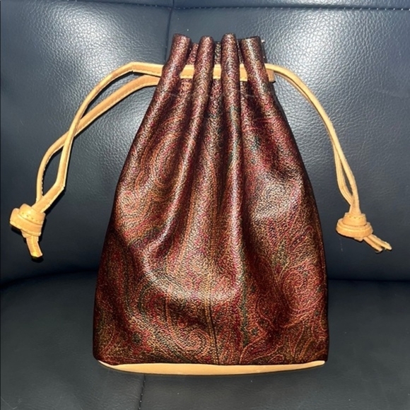 Etro Burgundy and Tan Paisley Drawstring Pouch NWOT AND BOX - Picture 1 of 11